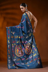 Slate blue handmade silk kantha saree with fish and floral motifs 5