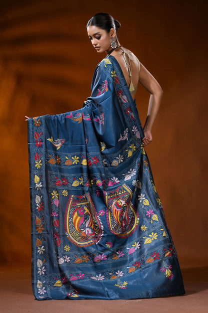Slate blue handmade silk kantha saree with fish and floral motifs 5