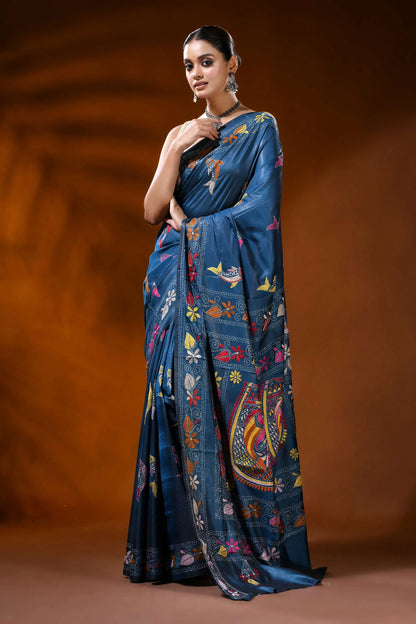 Slate blue handmade silk kantha saree with fish and floral motifs 6