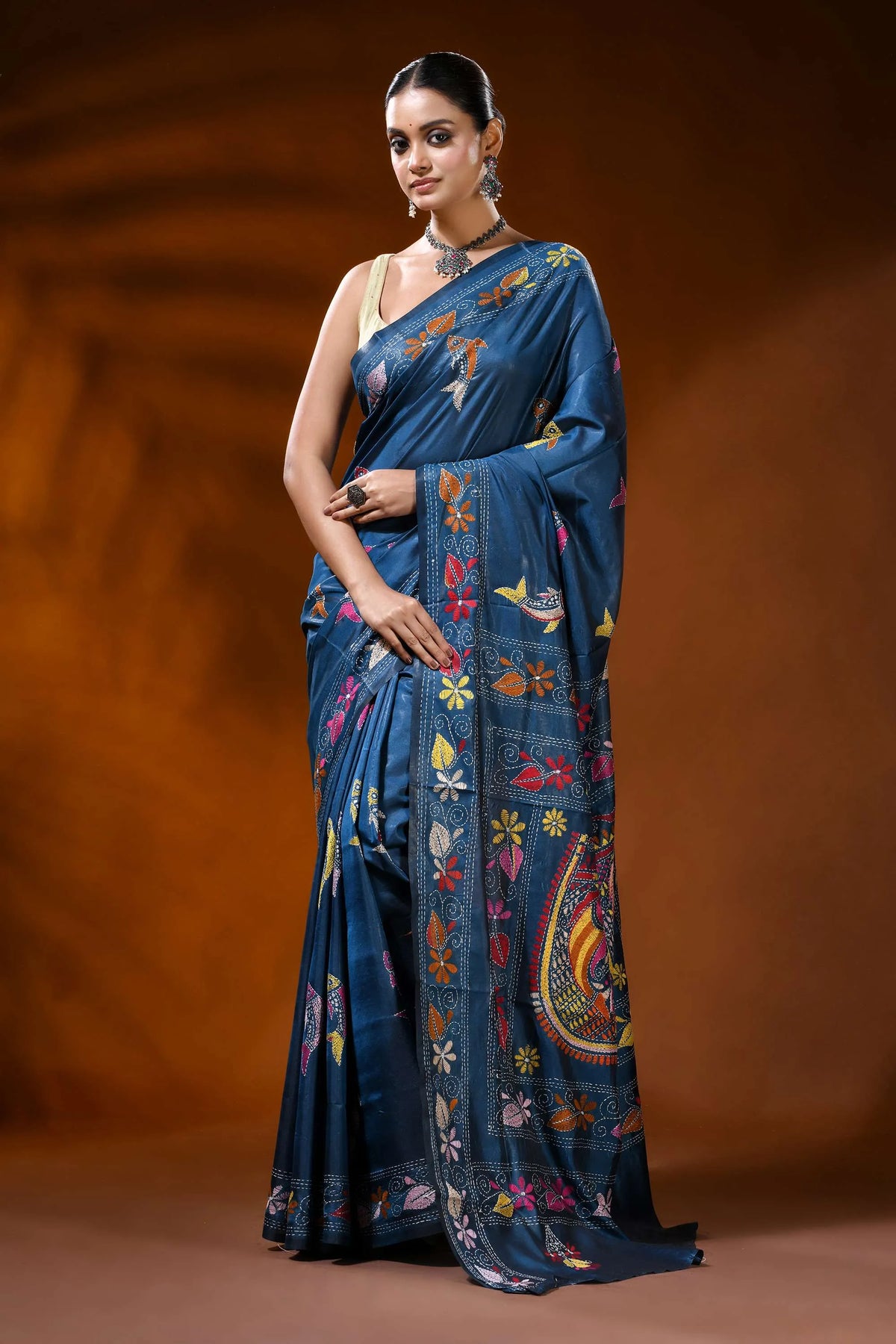 Slate blue handmade silk kantha saree with fish and floral motifs 1
