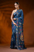 Slate blue handmade silk kantha saree with fish and floral motifs 1