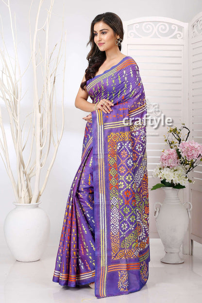 Slate Blue-Purple Dualtone Kantha Embroidered Silk Saree - Craftyle