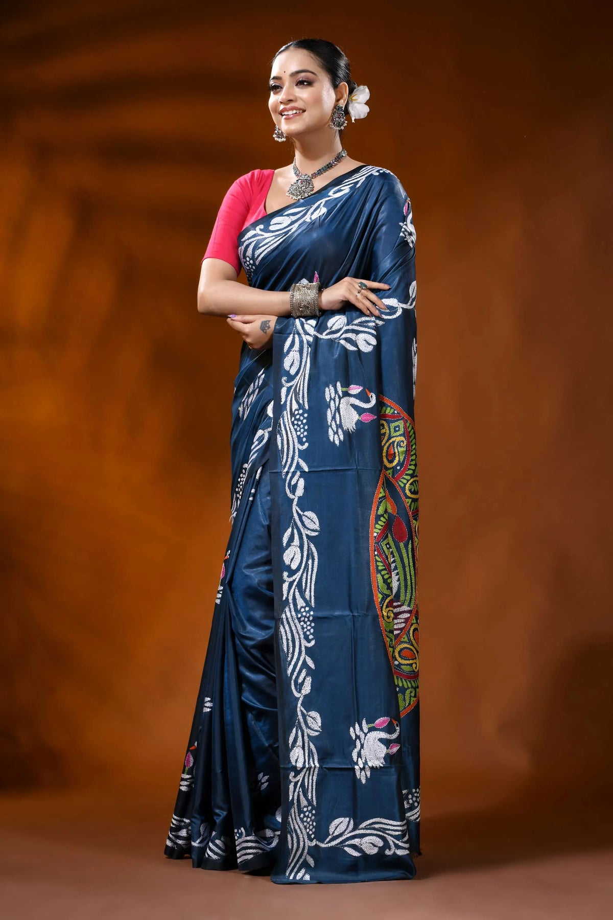 Slate blue silk kantha stitch saree with swan lotus ethnic motif 3