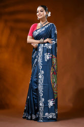 Slate blue silk kantha stitch saree with swan lotus ethnic motif 3