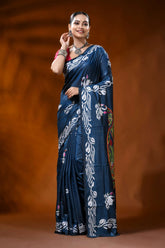Slate blue silk kantha stitch saree with swan lotus ethnic motif 1