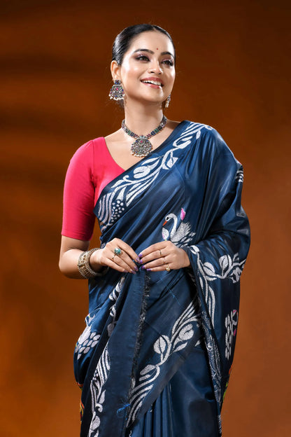 Slate blue silk kantha stitch saree with swan lotus ethnic motif 2