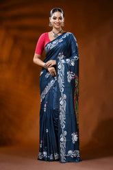 Slate blue silk kantha stitch saree with swan lotus ethnic motif 6