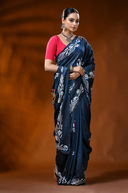 Slate blue silk kantha stitch saree with swan lotus ethnic motif 4