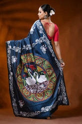 Slate blue silk kantha stitch saree with swan lotus ethnic motif 5