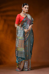 Slate blue silk kutch work saree with multi-thread handcrafted mirror detailing 4