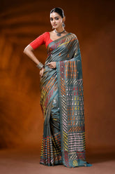 Slate blue silk kutch work saree with multi-thread handcrafted mirror detailing 1