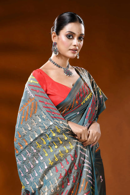 Slate blue silk kutch work saree with multi-thread handcrafted mirror detailing 2