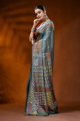 Slate blue silk kutch work saree with multi-thread handcrafted mirror detailing 3