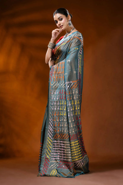 Slate blue silk kutch work saree with multi-thread handcrafted mirror detailing 3