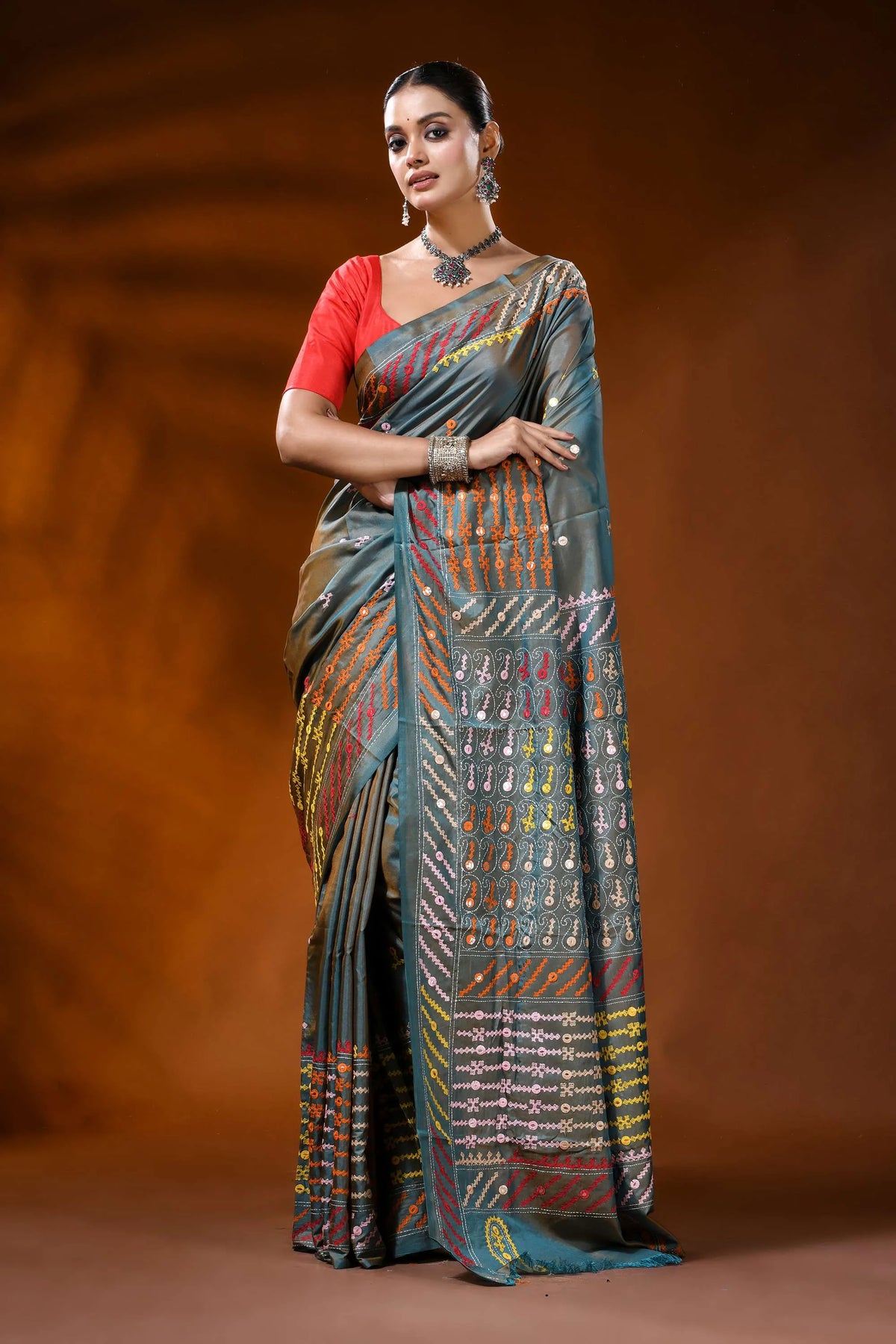 Slate blue silk kutch work saree with multi-thread handcrafted mirror detailing 6