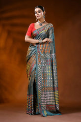 Slate blue silk kutch work saree with multi-thread handcrafted mirror detailing 6