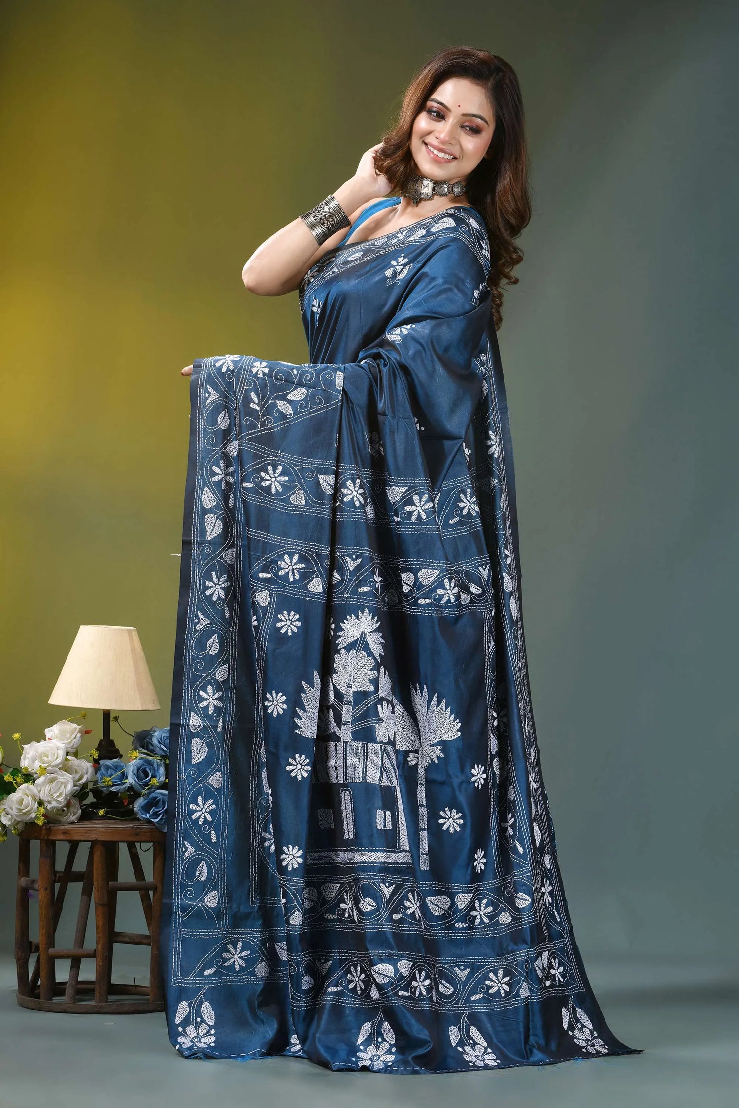 Slate blue village theme handmade silk kantha saree deep blue silk saree adorned 3