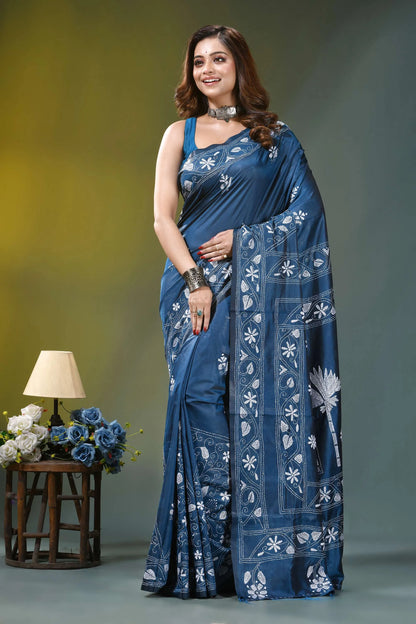 Slate blue village theme handmade silk kantha saree woman wears deep blue silk 7