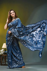 Slate blue village theme handmade silk kantha saree deep blue silk saree adorned 6