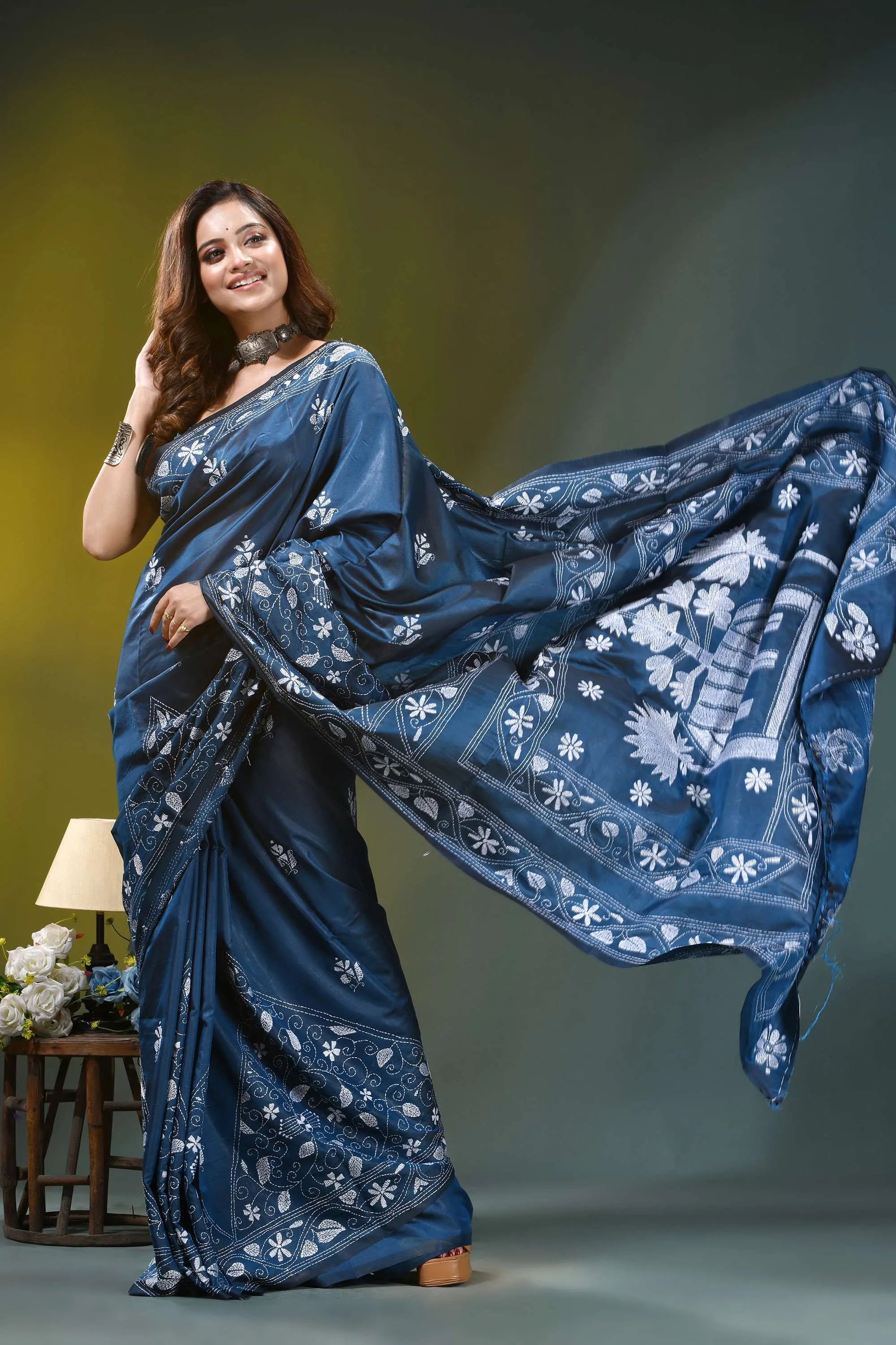 Slate blue village theme handmade silk kantha saree deep blue silk saree adorned 6