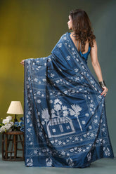 Slate blue village theme handmade silk kantha saree deep blue saree intricate white 4