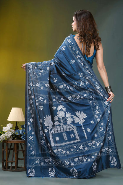 Slate blue village theme handmade silk kantha saree deep blue saree intricate white 4