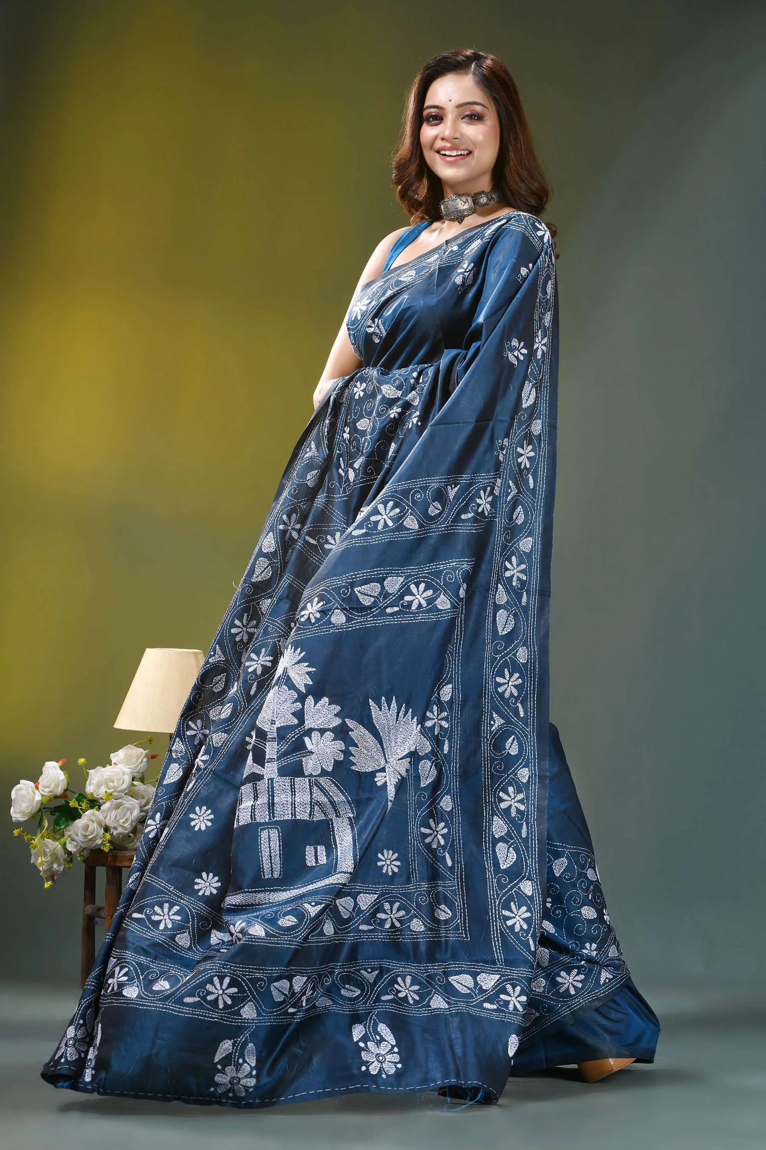 Slate blue village theme handmade silk kantha saree deep blue saree intricate white 5