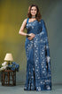 Slate blue village theme handmade silk kantha saree deep blue silk saree adorned 1