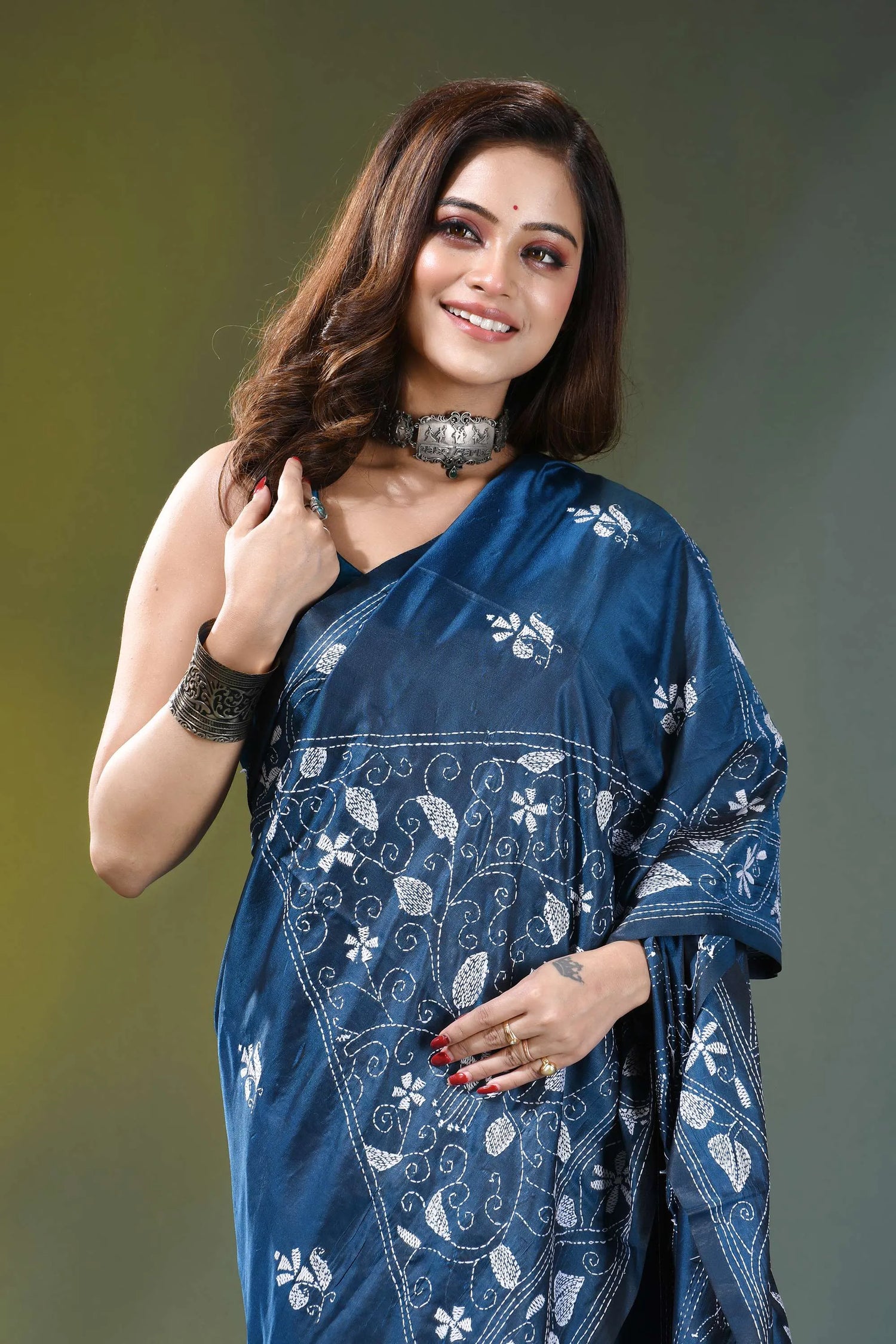 Slate blue village theme handmade silk kantha saree woman wears deep blue saree 2