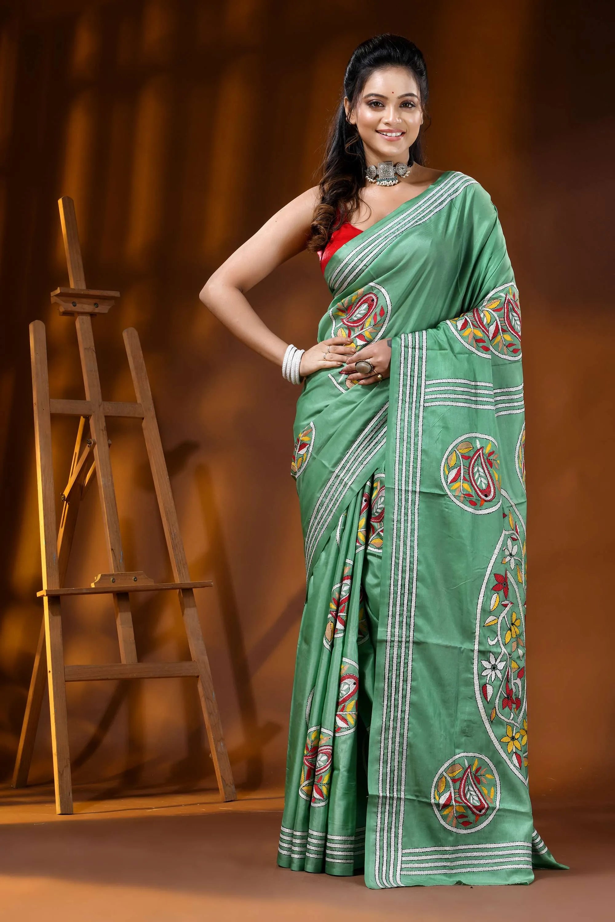 Slate green bird motif hand embroidered silk kantha saree 3