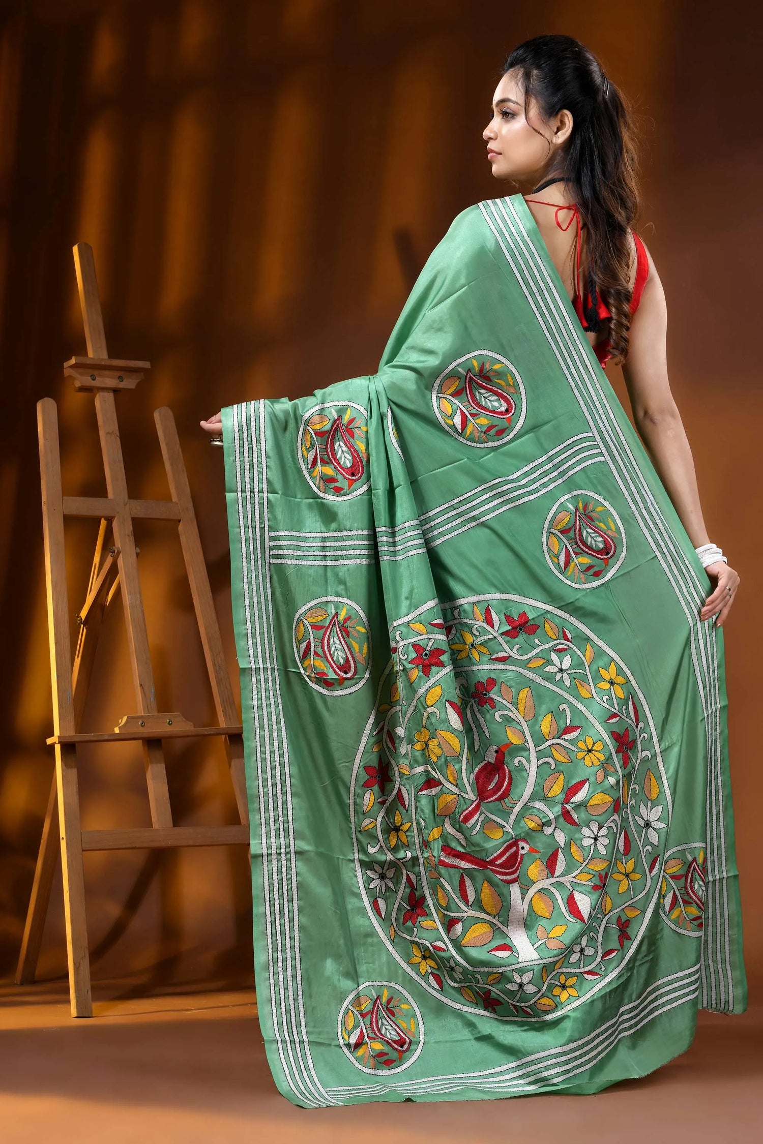 Slate green bird motif hand embroidered silk kantha saree 5
