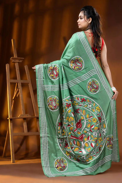 Slate green bird motif hand embroidered silk kantha saree 5