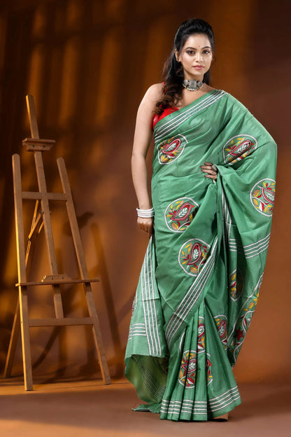 Slate green bird motif hand embroidered silk kantha saree 1