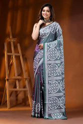 Slate grey green dualtone silk kutch work saree with circular motifs 6