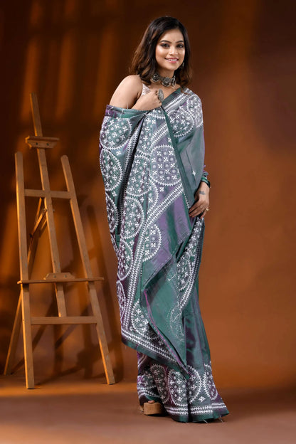 Slate grey green dualtone silk kutch work saree with circular motifs 5
