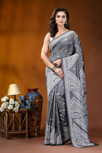 Slate grey handmade kutch embroidery silk saree - geometric pattern gray saree intricate white geometric 1