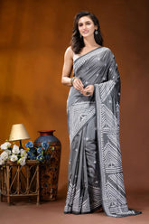 Slate grey handmade kutch embroidery silk saree - geometric pattern woman wears grey saree intricate 6