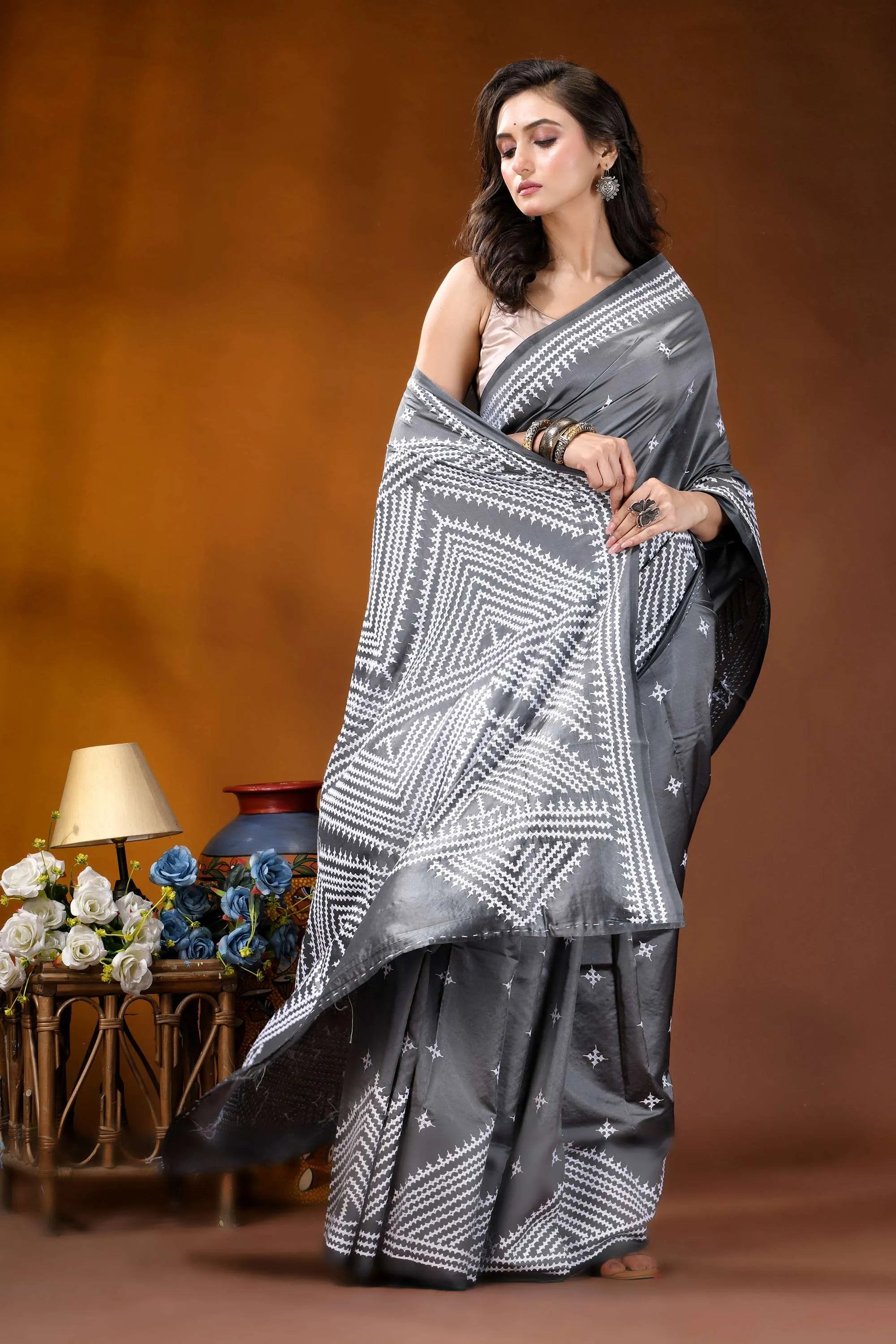 Slate grey handmade kutch embroidery silk saree - geometric pattern woman wears dark gray saree 5