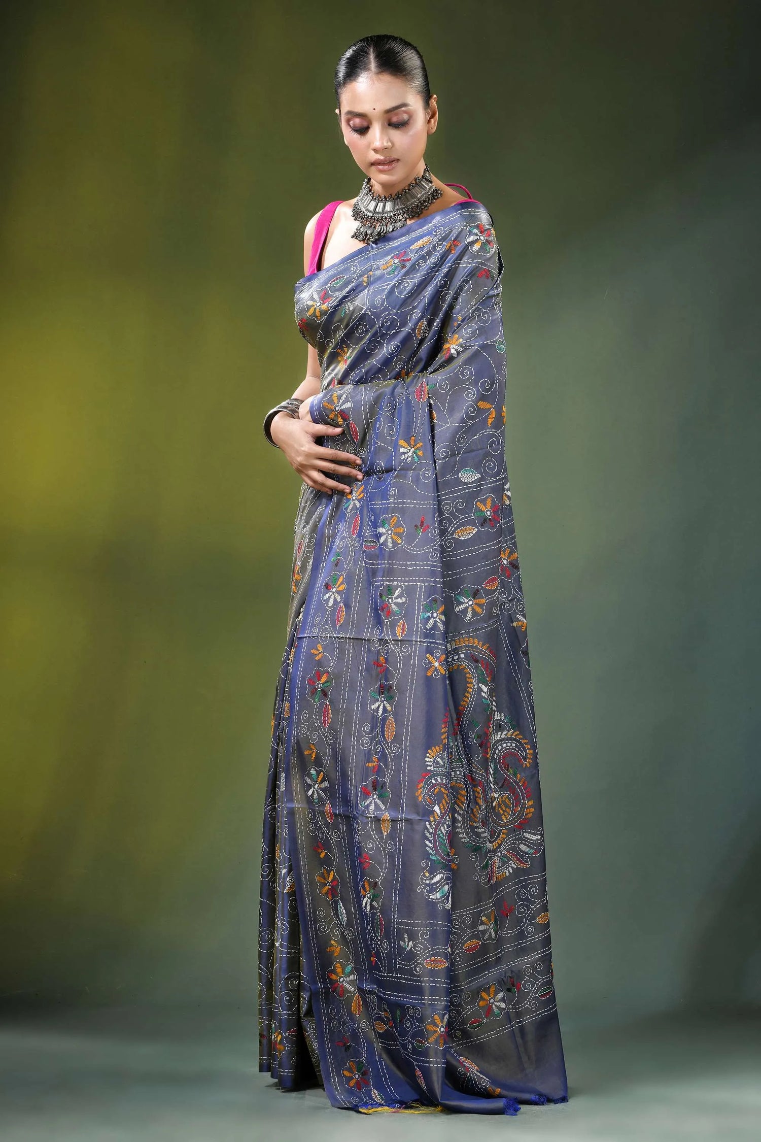 Slate grey handmade paisley kantha work saree in silk woman wears dark blue 3