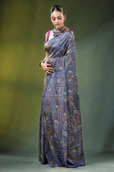 Slate grey handmade paisley kantha work saree in silk woman wears dark blue 3