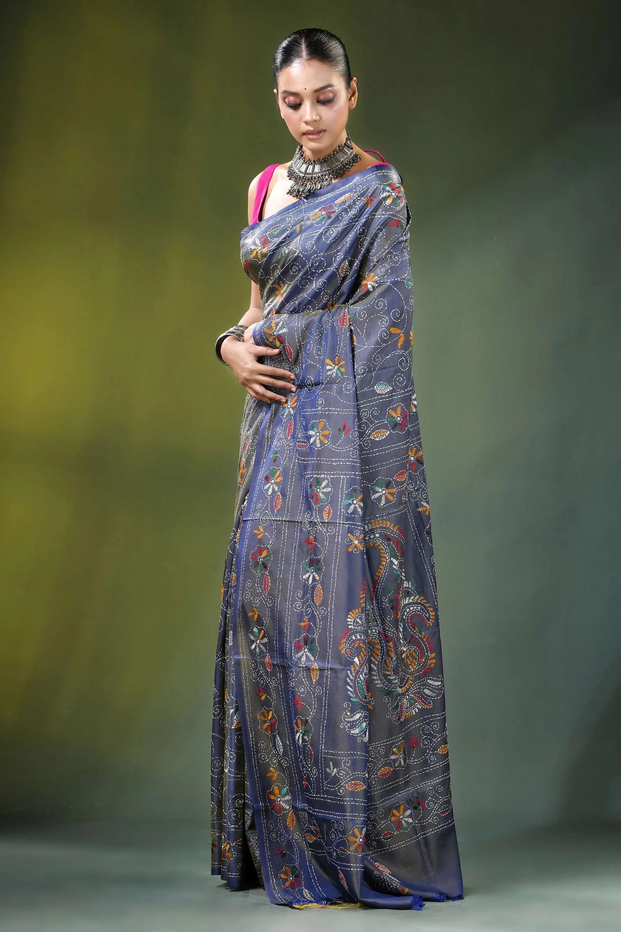 Slate grey handmade paisley kantha work saree in silk woman wears dark blue 3