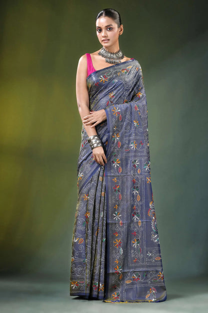 Slate grey handmade paisley kantha work saree in silk dark blue intricate floral 1