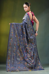 Slate grey handmade paisley kantha work saree in silk dark blue intricate floral 4