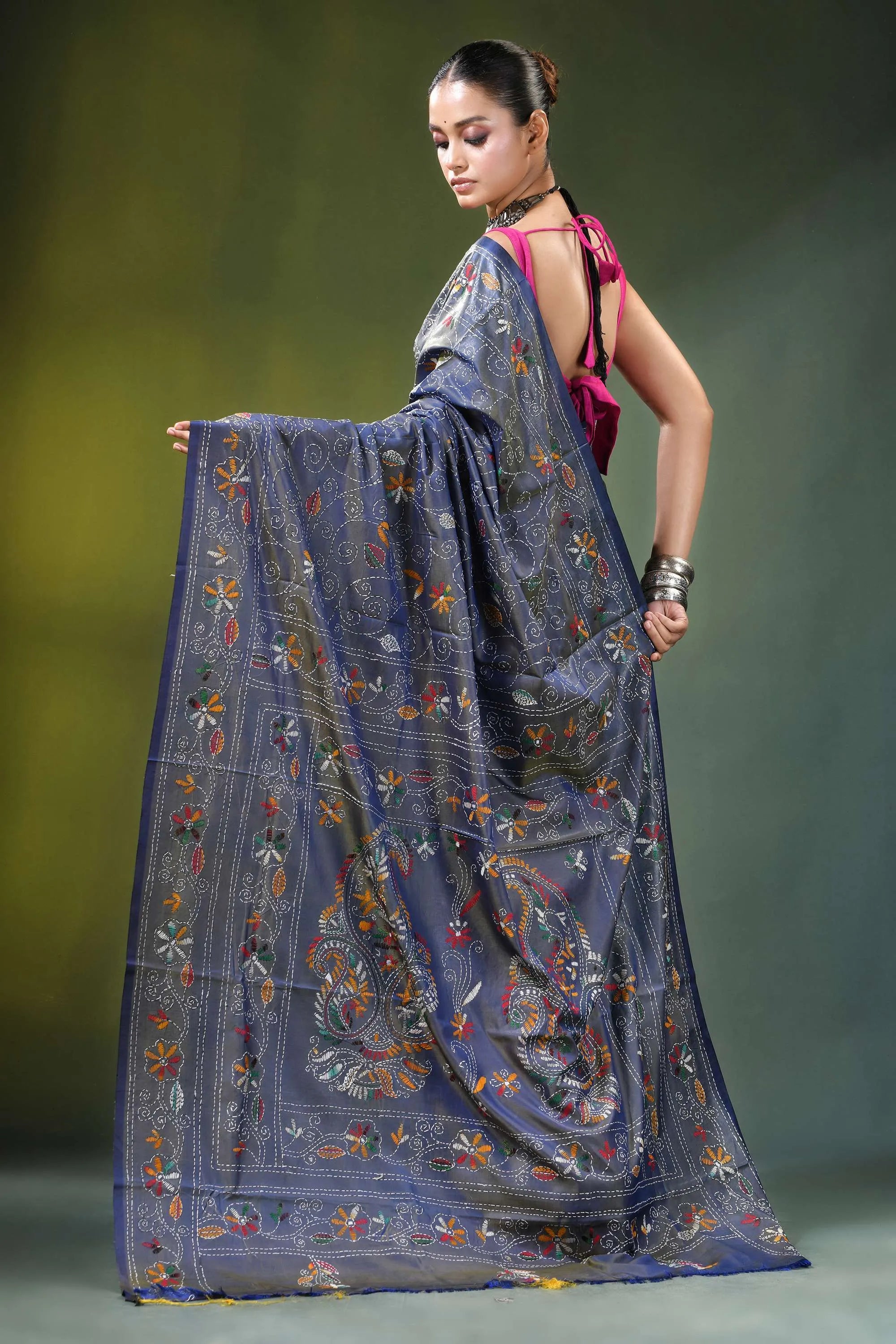 Slate grey handmade paisley kantha work saree in silk dark blue intricate floral 4