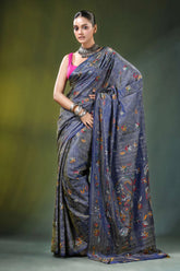 Slate grey handmade paisley kantha work saree in silk dark blue adorned 5
