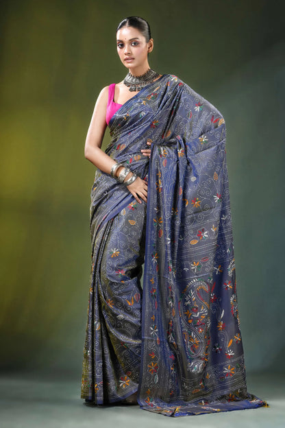 Slate grey handmade paisley kantha work saree in silk dark blue adorned 5