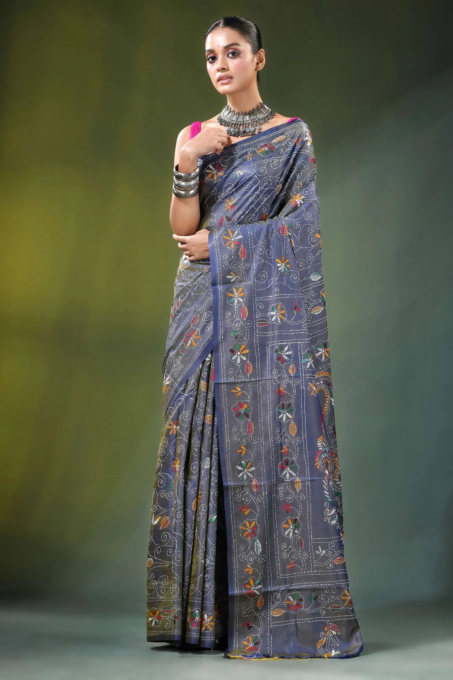 Slate grey handmade paisley kantha work saree in silk woman wears dark gray 6