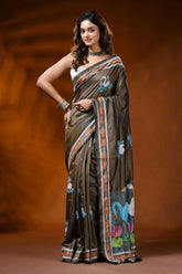 Slate grey kantha embroidery silk saree with handmade swan motif 1