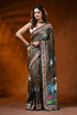 Slate grey kantha embroidery silk saree with handmade swan motif 1