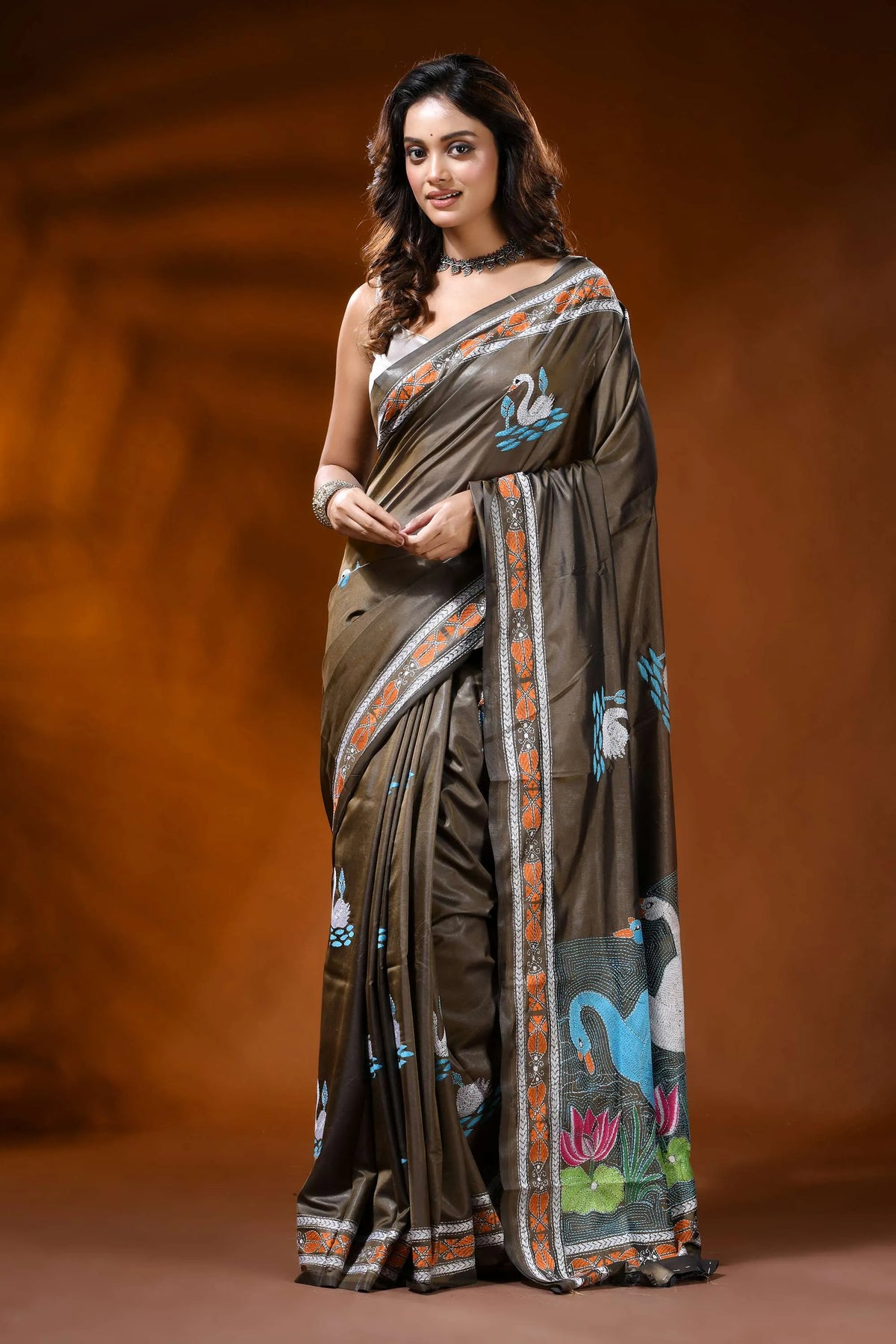 Slate grey kantha embroidery silk saree with handmade swan motif 6